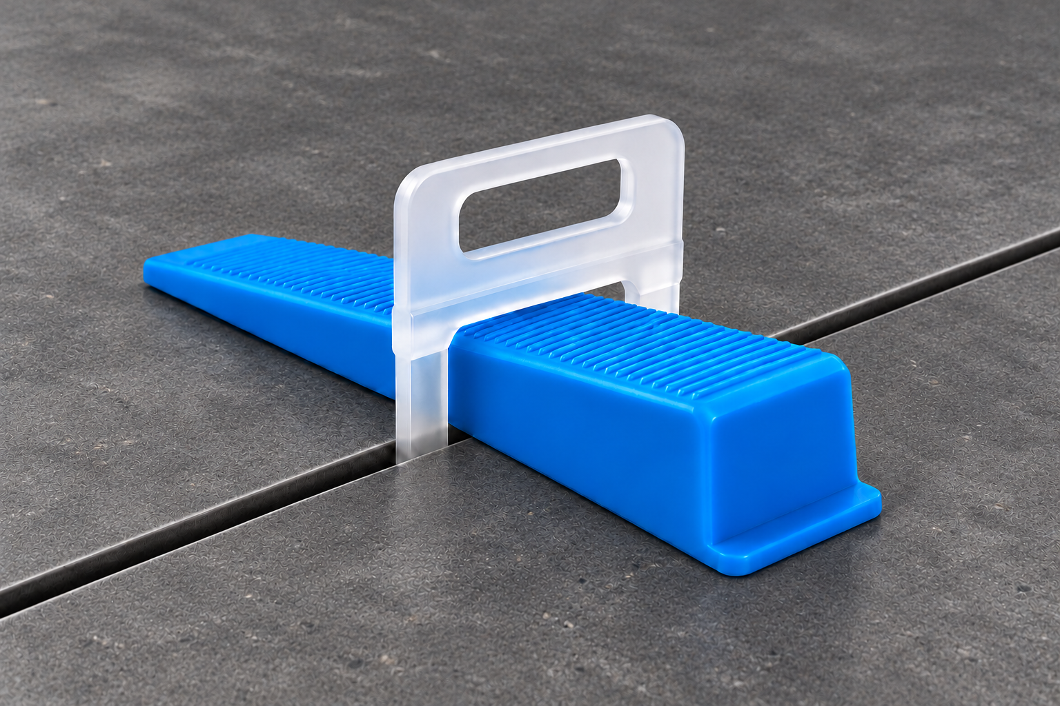Studio illustration of a blue wedge engaged through a white levelling clip across a tile joint.