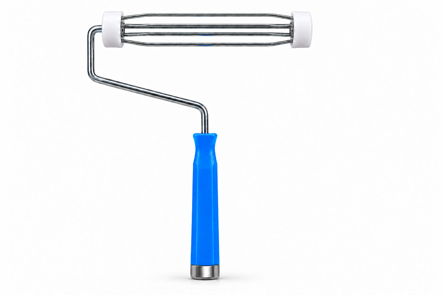 230 mm heavy duty roller frame with silver cage, white end caps and blue handle; sleeve not included.